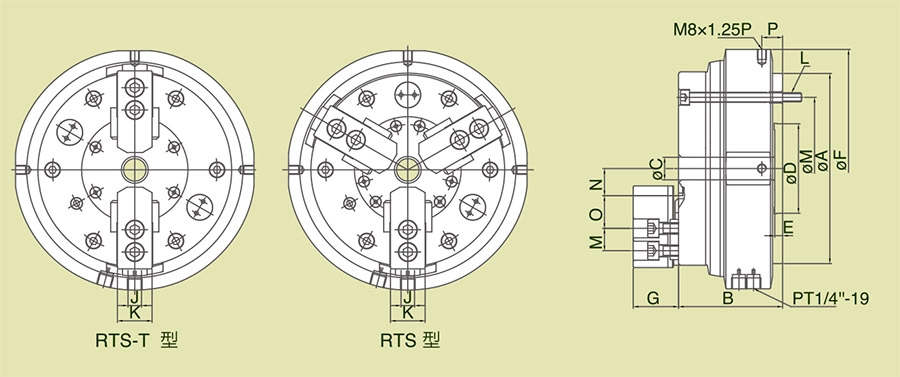 RTS,RTS-T 로터리 에어 척 고정 장치(저토크)(체크 밸브 내장)(연속 회전)